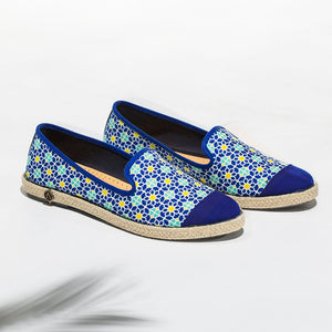Collab Slip-On Majorelle GILI'S femme ANGARDE coton summer sunrise imprimé gili's bleu vue biais