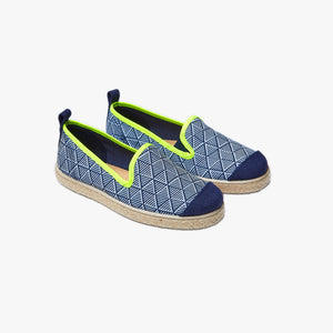 Collab Slip-On Winwood GILI'S Enfant ANGARDE coton imprimé mosaïque bleu marine biais jaune fluo vue biais